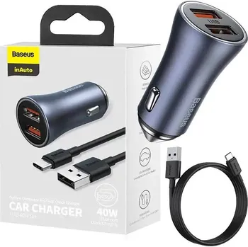 Autobaterie Baseus Golden Contactor Pro nabíječka do auta, 2x USB, 40W kabel USB-C 1m (šedý)