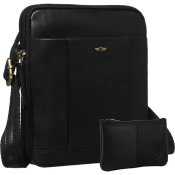 Dvoukomorová, hnědá pánská taška přes rameno z pravé kůže Barva: Černá