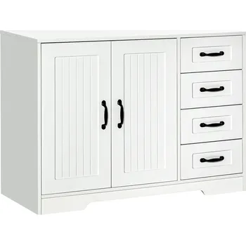 Komoda HOMCOM Příborník Bílá boční skříňka se 4 zásuvkami, nastavitelnou policí a ochranou proti překlopení do kuchyně a obývacího pokoje | Aosom.de