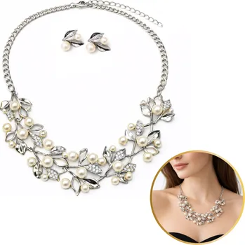 Náhrdelník Flamenco Mystique Elegantní sada šperků: náhrdelník + náušnice s perlami a krystaly, stříbrné lístky N1072S