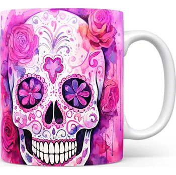 Hrnek s barevnou lebkou a květinami – černobílým motivem