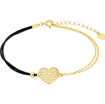 Náramek Flamenco Mystique Pozlacený náramek z chirurgické oceli s prolamovaným SRDCE, černý na provázku BST1603