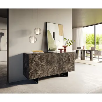 Komoda DELIFE Komoda Cuor 150 cm keramika Emperador Extra Lucidato tmavě hnědá 3 dvířka podnož závěsná kov černá