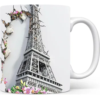 Hrnek s Eiffelovou věží a květinami – bílým provedením