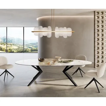 Jídelní stůl DELIFE Jídelní stůl Edge oválný 280x130 keramika Minas Melange bílá béžová Zenthara hranatý kov černý