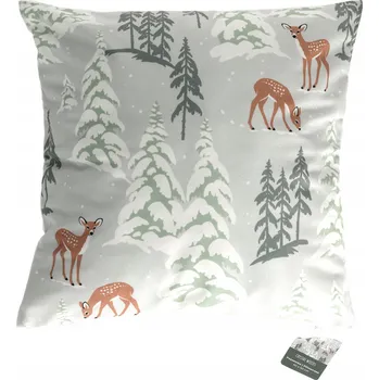 Polštář Šedý povlak na polštář s motivem srnek a vánočních stromků / Zimní dekorativní povlak na polštář