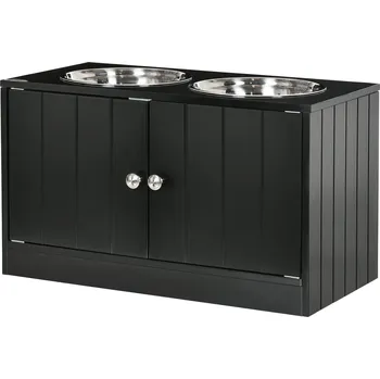 Miska pro psa PawHut misky pro psy, vyvýšená krmná stanice se 2 nerezovými miskami, stojan na misky pro psy s úložným prostorem o objemu 44 litrů, magnetická dvířka, miska na krmivo, miska na vodu pro velké psy, černá barva