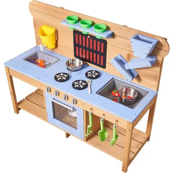 Dětská kuchyňka Vevor Dětská blátivá kuchyňka dřevěná se sporákem, dvojitý dřez, háčky