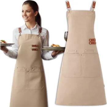 Kuchyňská zástěra Camerazar Dámská a pánská kuchyňská zástěra, béžová, voděodolná, ochranná, s kapsami