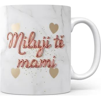 Hrnek Miluji tě mami – zlatá srdíčka na mramorovém pozadí