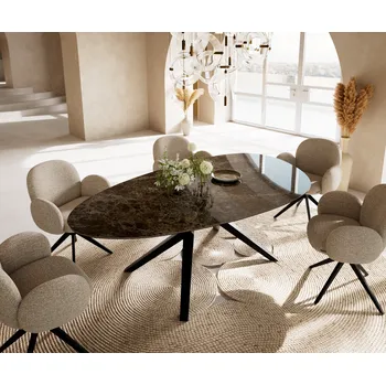 Jídelní stůl DELIFE Jídelní stůl Edge oválný 220x120 cm keramika Laminam® Emperador Extra Lucidato tmavě hnědá Zenthara hranatý kov černá