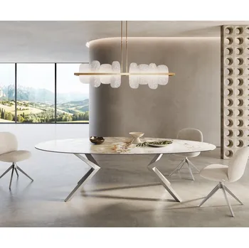 Jídelní stůl DELIFE Jídelní stůl Edge oválný 280x130 keramika Minas Melange bílá béžová Zenthara hranatý nerezová ocel