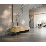 DELIFE TV stolek Cuor 150 cm keramika Laminam® Sabbia dubová 1 výklopná dvířka 1 zásuvka podnož závěsná nerezová ocel