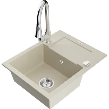 Granitový dřez Mexen Enzo, 1-komorový granitový dřez 576x465x174 mm a dřezová baterie Elia, béžová, 6506-69-670101-00