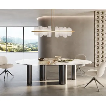 Jídelní stůl DELIFE Jídelní stůl Edge oválný 280x130 keramika Minas Melange bílá béžová pilíř nerezová ocel grafit