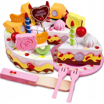 Dřevěná hračka DŘEVĚNÝ NAROZENINOVÝ DORT K ROZKROJENÍ NA SUCHÝ ZIP, SADA ZÁKUSKŮ DO KUCHYNĚ