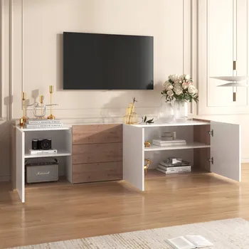 Televizní stolek TV stolek v bílé a dřevěné barvě, nástěnný nebo stojící