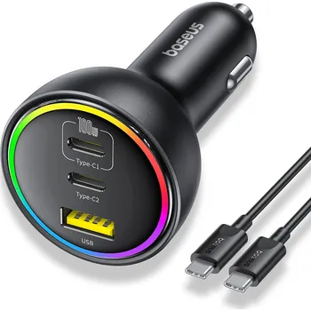 Datový kabel Baseus - Nabíječka do auta (C00036101111-00) - 2x USB-C, USB, 152,5 W, rychlé nabíjení, RGB okolní světlo, kabel USB-C - Cluster Black