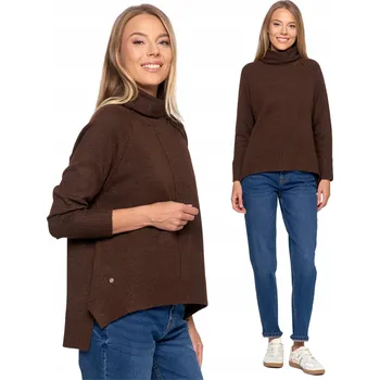 Dámský svetr DÁMSKÝ SVETR TEPLÝ S ROLÁKEM MORAJ ASYMETRICKÝ ZADNÍ DÍL HNĚDÝ S/M