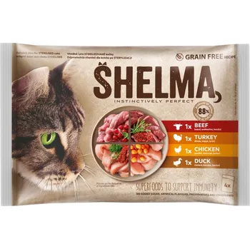Krmivo pro kočku Shelma Vlhké krmivo, sáčky pro kočky kuřecí hovězí kachna krůta 4x85 g