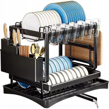 Odkapávač na nádobí ODKAPÁVAČ NA NÁDOBÍ STOJÍCÍ DVOUÚROVŇOVÝ ČERNÝ VELKÝ ODKAPÁVAČ NA NÁDOBÍ