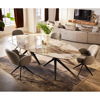 Jídelní stůl DELIFE Jídelní stůl Edge oválný 280x130 keramika Minas Melange bílá béžová Estelar kulatý kov černá