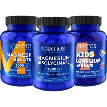 Doplněk stravy NATIOS Výhodné balení Hořčíky pro celou rodinu Hořčík Malát, Hořčík Bisglycinát, Kids Hořčík Malát