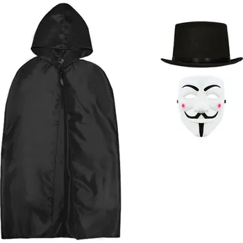 Karnevalový kostým SADA VENDETTA MASKA GUY FAWKES KOSTÝM ANONYMOUS PLÁŠŤ KLOBOUK VELIKOST L 3ks