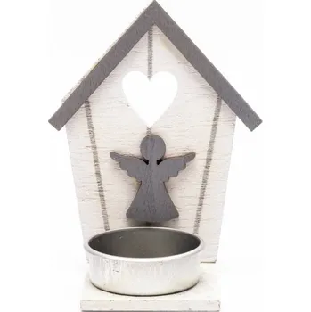 Vánoční dekorace DECOLED Dřevěný svícen chaloupka s andělem 10,5 × 5 cm