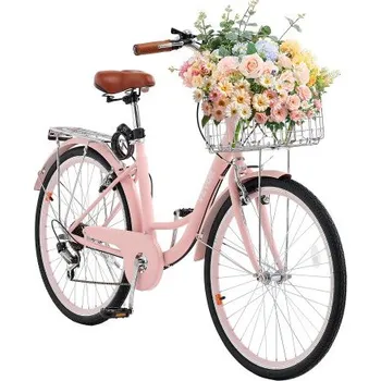 Horské kolo Cruiserové kolo VEVOR, 7rychlostní, 26palcové růžové plážové cruiserové kolo s velkoobjemovým košíkem a zadním nosičem, bezpečné a robustní cruiserové kolo s nastavitelným sedlem, vhodné na cyklistiku, cvičení a nakupování.