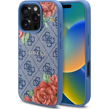 Pouzdro na mobilní telefon Guess - Pevné pouzdro 4G Flower Print MagSafe (GUHMP16LP4ROPEMCB) - iPhone 16 Pro - modré