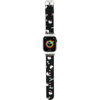 Řemínek na hodinky Hello Kitty - řemínek kožené hlavy a vzor mašle (HKAWMPSAPSK)-Apple Watch 1/2/3/4/5/6/7/8/9/10/SE/SE 2 (38/40/41/42mm)-černá barva