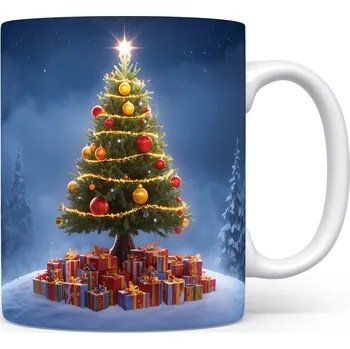 Vánoční dekorace Hrnek s vánočním motivem – třpytivá hvězda na stromku – sníh, stromek, dárky