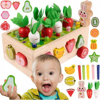 Dřevěná hračka Montessori Hračka Třídič Kostek Chyť Červa Dřevěný Vozík Mrkve