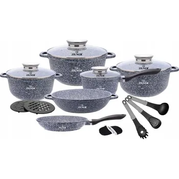 Sada nádobí Sada keramicko-mramorového nádobí 17 ks – šedá barva, skleněné poklice, doplňky