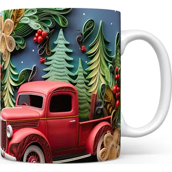 Hrnek se červeným autem mezi stromy