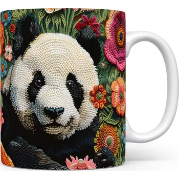 Hrnek s pandou a květinovým motivem – černobílým motivem