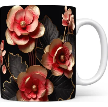 Hrnek s květinovým motivem v odstínech červené