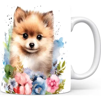 Hrnek s roztomilým pomeranianem a květinovým vzorem