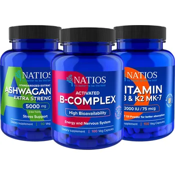 Doplněk stravy NATIOS Výhodné balení pro odolnost vůči stresu Ashwagandha, B-Complex, Vitamín D3 & K2