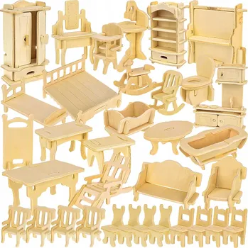 DŘEVĚNÝ NÁBYTEK DO DOMEČKU PRO PANENKY 34 DÍLŮ - SADA K VLASTNÍ MONTÁŽI
