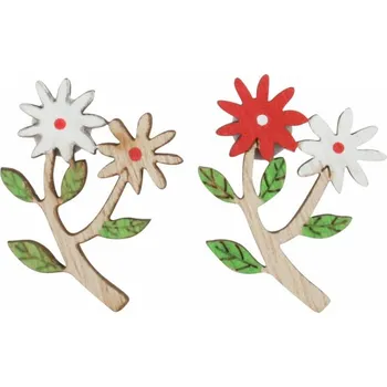 Bytová dekorace Kytky dřevěné červené a bílé 2,5 x 3,5 x 0,3 cm s lepíkem, 24 ks v krabičce