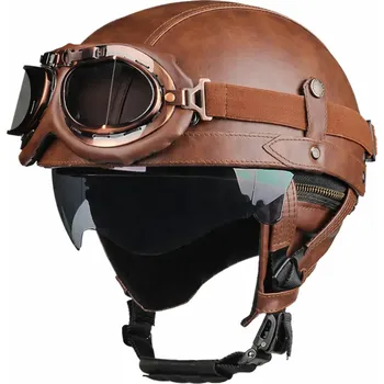 Helma na motorku Retro helma na motorku s brýlemi hnědá Velikost: L
