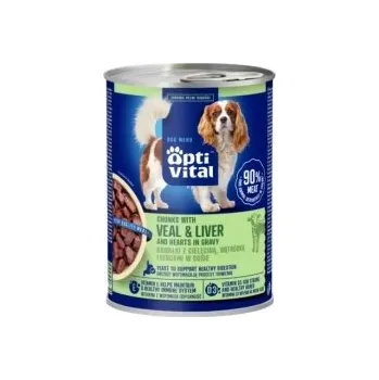 Krmivo pro psa VLHKÉ KRMIVO PRO PSA S TELECÍM A JÁTRY V OMÁČCE PLECHOVKA 415G OPTIVITAL