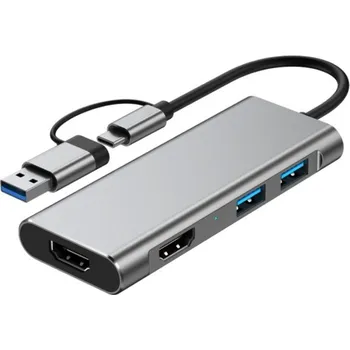 4v1 hub - 2x HDMI / USB-A 2.0 / USB-A 3.0 na USB-C / USB-A - šedý