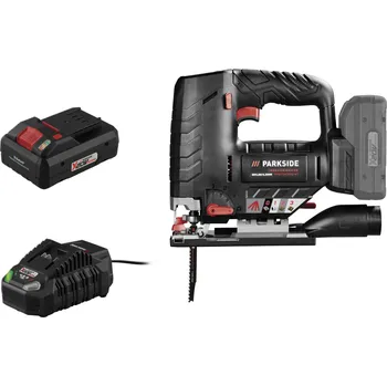 Přímočará pila Parkside Performance PPSTDA 20-Li A1 1x 4 Ah + 2x pilový list na dřevo Swiss Made, paralelní doraz, adaptér pro externí odsávání prachu