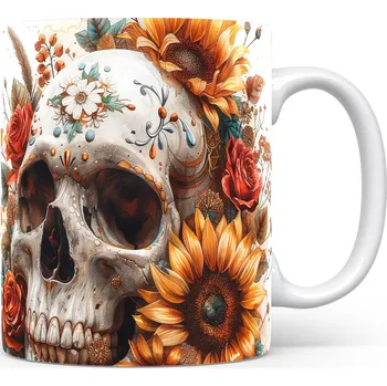 Hrnek se skull motivem a květinami