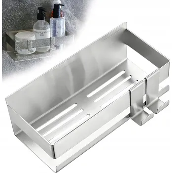 Koupelnový nábytek KOUPELNOVÝ REGÁL BEZ VRTÁNÍ S HÁČKY, SPRCHOVÁ POLICE NEREZOVÁ OCEL 304