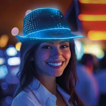 Karnevalový doplněk Klobouk s flitry LED svítící modrý