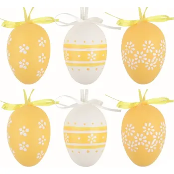 Velikonoční dekorace Velikonoční vejce plastová Žlutá kvítka 6 cm na zavěšení, 6 ks v sáčku